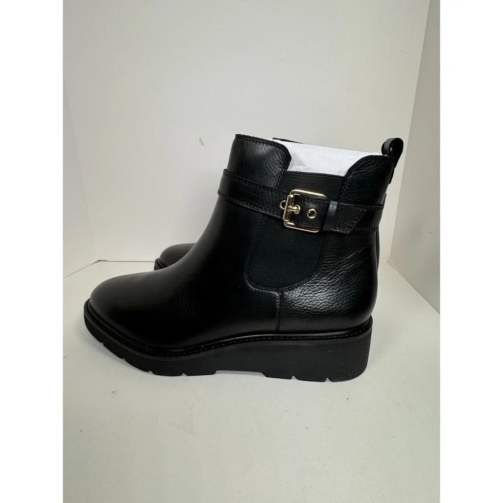 Franco Sarto Meridian Bootie Womens Size 10 Lug Sole Black Gold Buckle Fall New
